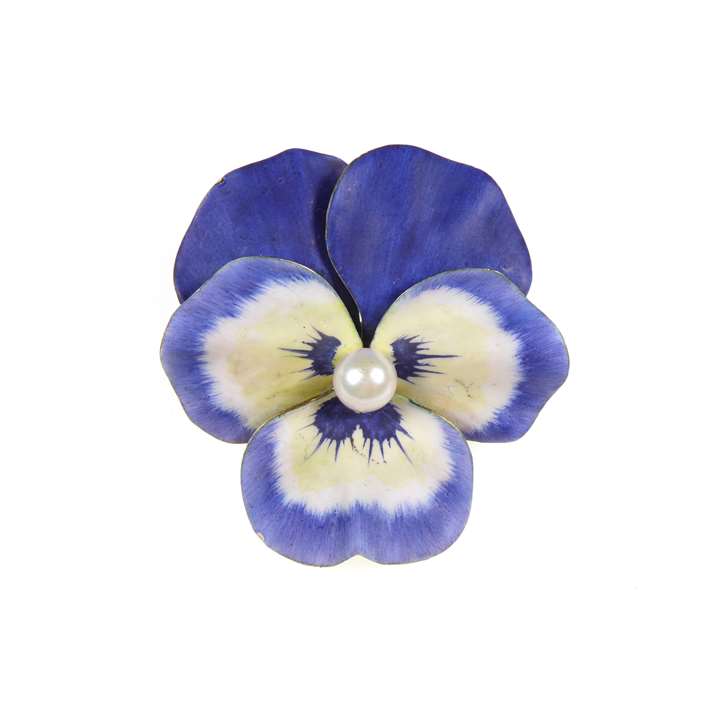 Antique blue enamelled gold pansy brooch with pearl centre